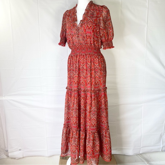Max Studio Tiered Floral Midi Dress Small Red Tiered Ruffle Paisley Empire S - Picture 9 of 14